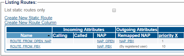 Routes list with ROUTE_FROM_OPEN_NAP remapping NAP_OPEN to NAP_PBX at priority 1, and ROUTE_FROM_PBX routing by registered user at priority 10.